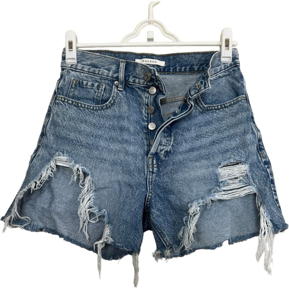 High Rise‎ Festival Cut Off Denim Jean Shorts Size 26 Distressed Button Fly